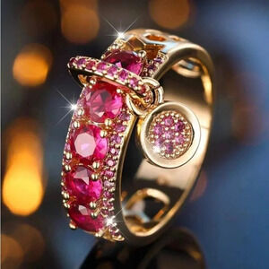 🆕 Luxury Ring For Women, Circular Shaped With Pendant Loop DesignGold & Pink🆕